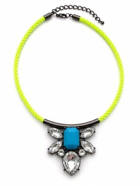 Neon Rope & Rhinestone Statement Necklace | Turquoise Blue Center & Gunmetal